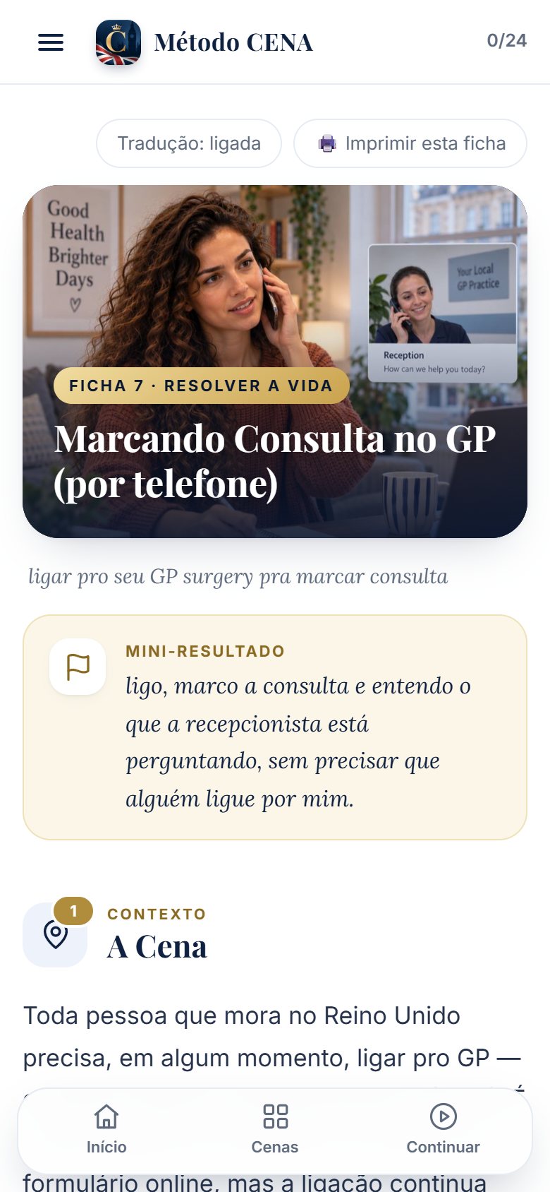 Tela do aplicativo: abertura de uma ficha, com a cena e o mini-resultado