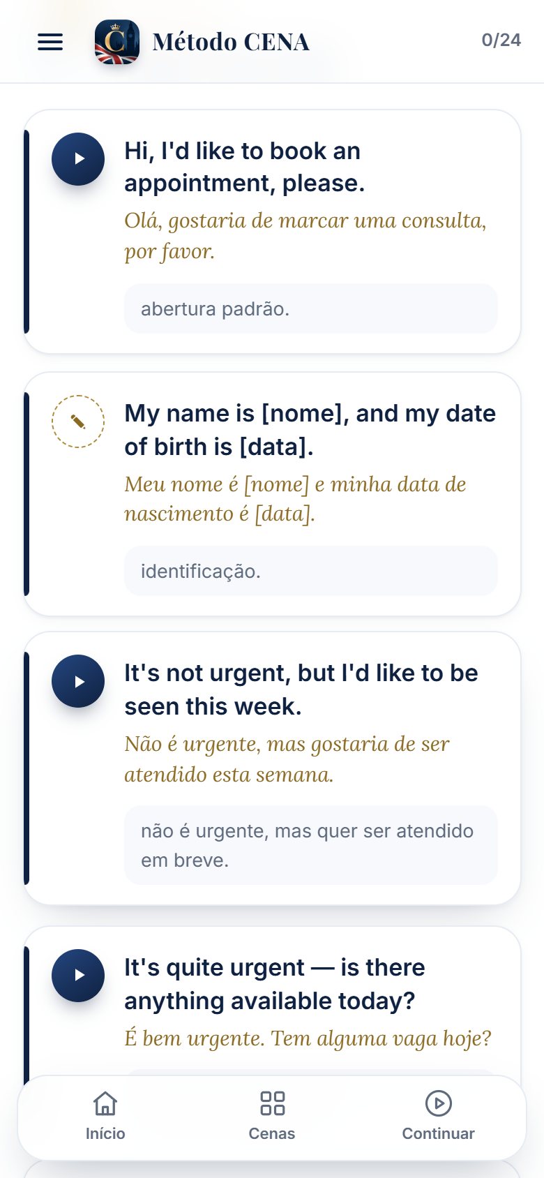 Tela do aplicativo: frases com áudio britânico e tradução em português